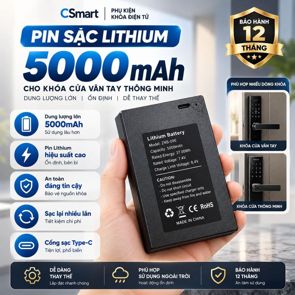 Pin Sạc Lithium 4200mAh 5000mAh Cho Khóa Điện Tử Vân Tay Thông Minh, Pin Thay Thế Khóa Cửa – Bảo Hành 12 Tháng