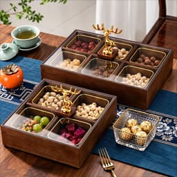 Khay mứt, khay đựng bánh kẹo tết 4 Ngăn 6 Ngăn, Hộp Mứt Tết 2027 Gỗ Melamine Vân Óc Chó, Hũ Nhựa Viền Vàng Đẹp Sang 2