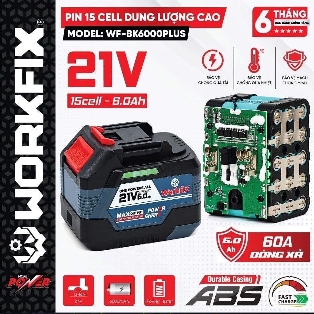 Pin 15cell WORKFIX WF-BK6000PLUS, Dung Lượng 6.0ah Xả 10C, Chân pin phổ thông - Vỏ ABS chống va đập, chống cháy