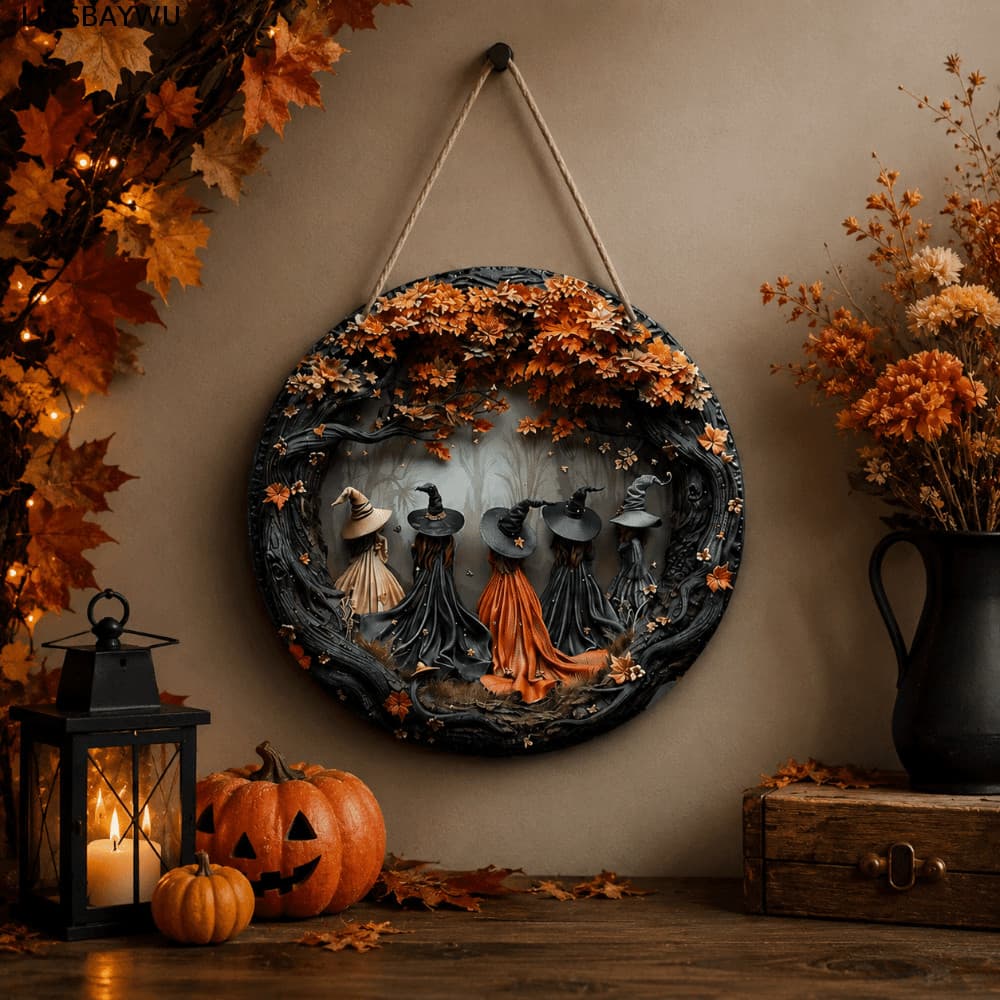 LINSBAYWU Trang trí cửa Halloween, Trang trí tường phẳng 2D bằng gỗ, Nghệ thuật treo tường Ma bí ngô mèo phù thủy hình tròn treo trang trí tiệc Halloween