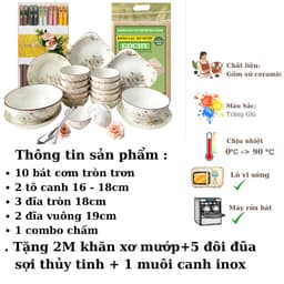 Set Bát Đĩa Gốm Sứ Họa Tiết Hoa Mộc Hương Tặng Kèm 2M Khăn xơ mướp và 5 đôi đĩa sợi thủy tinh 2