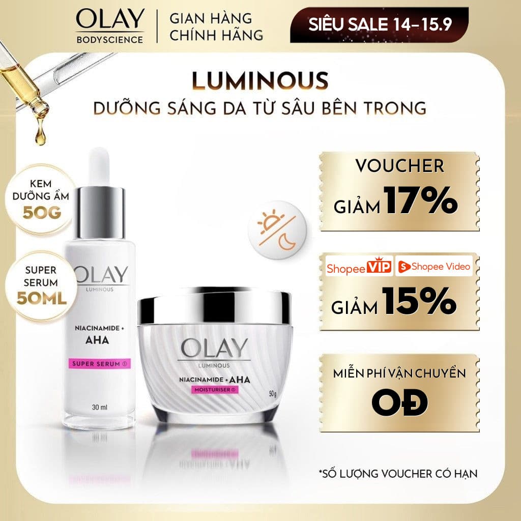 [KOL] [OLAY] Combo Kem Dưỡng 50g + Siêu Tinh Chất Ngừa Lão Hóa OLAY Luminous Niacinamide Kết Hợp AHA 30ml