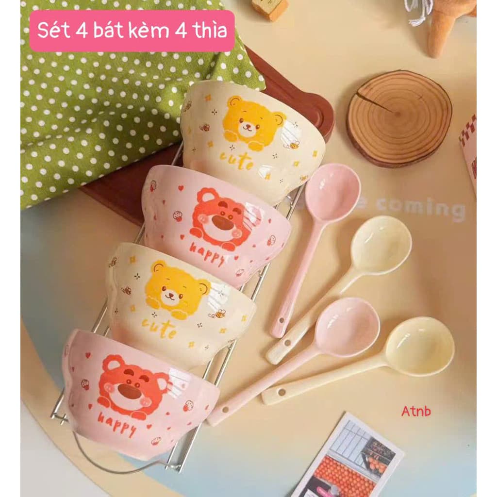 Set 4 Bát Kèm 4 Thìa Hoạ Tiết Gấu Xinh Xỉu kho 6366