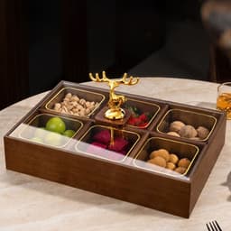 Khay Đựng Bánh Kẹo Mứt Tết 2027 Cao Cấp Chia 4 Ngăn 6 Ngăn Tiện Lợi, Hộp Gỗ Melamine Vân Óc Chó, Nắp Acrylic Chống Bụi 5