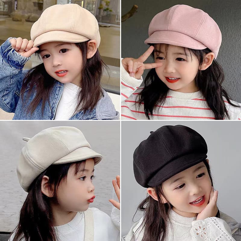 Len Nỉ Trẻ Em Mũ Nồi Màu Trơn Bé Gái Thu Đông Mũ Hình Bát Giác Thời Trang Đơn Giản Trẻ Em Họa Sĩ Mũ
