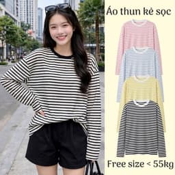 Áo thun giấy form rộng cổ tròn tay dài thu đông chất mỏng mát màu kẻ sọc  xắn  AS 8 43 65 1