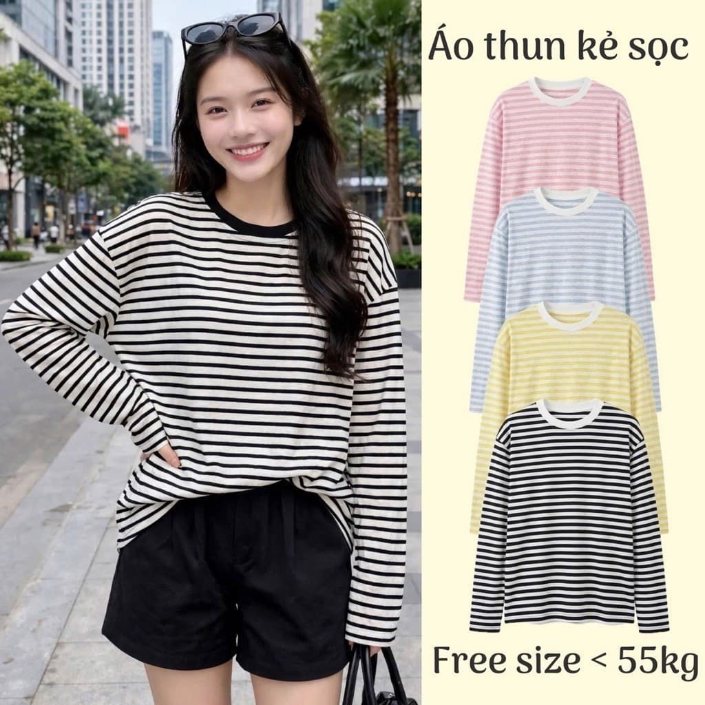 Áo thun giấy form rộng cổ tròn tay dài thu đông chất mỏng mát màu kẻ sọc  xắn  AS 8 43 65