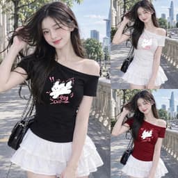 Áo trễ vai ngắn tay thu đông in hoạ tiết tho nhảy  xắn chất vải thun tăm  TD THONHAY 8 43 65 1