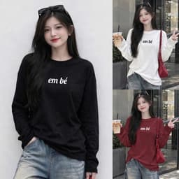 Áo Thun nữ cotton cổ tròn tay dài thu đông in chữ em bé basic siêu đẹp style đơn giản  CT EMBE 1 4 1