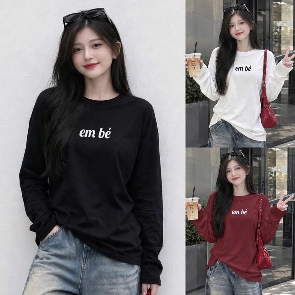 Áo Thun nữ cotton cổ tròn tay dài thu đông in chữ em bé basic siêu đẹp style đơn giản  CT EMBE 1 4