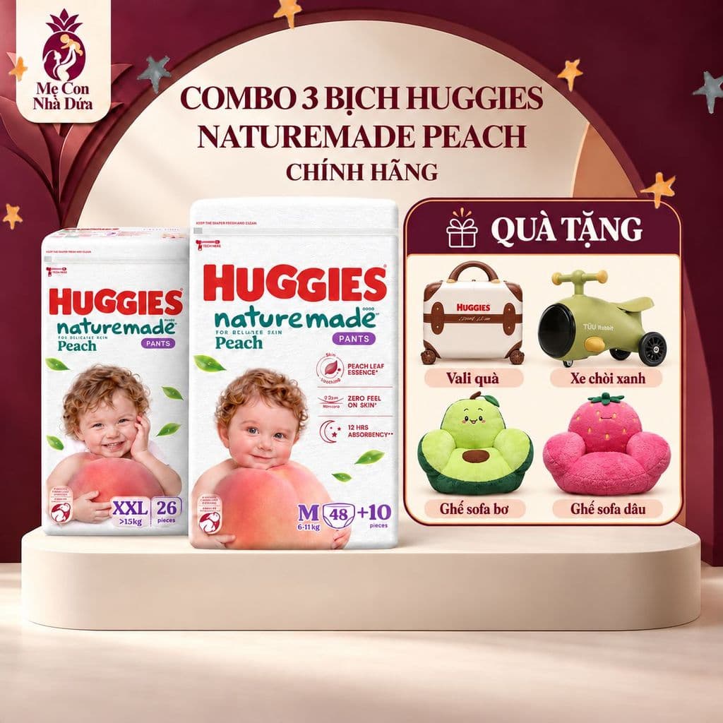 [Kèm Quà] Combo 3 Tã quần Huggies Naturemade Peach M48+10/ L44/ XL38/ XXL26 Bỉm Đào Chính Hãng