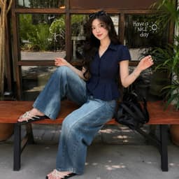 Áo sơ mi vân sọc ngắn tay dáng lửng xếp ly eo xinh xắn có dây buộc eo chất đũi vân mây KN237 8