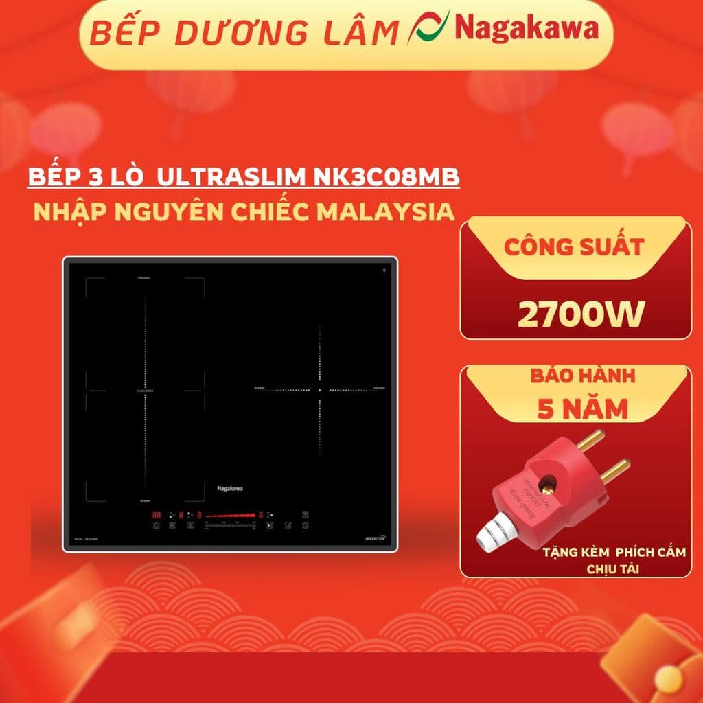 Bếp 3 lò từ Nagakawa UltraSlim NK3C08MB | Booster 2700W | Inverter thế hệ mới | BH 5 NĂM tại nhà toàn quốc