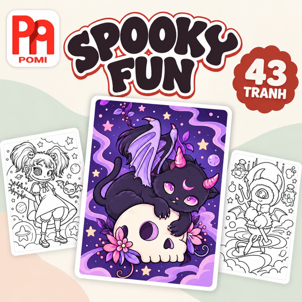 POMI - 43 Tranh tô màu Spooky Fun dễ thương nhiều mẫu - Tranh tô màu giải trí dành cho người lớn trẻ em