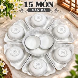 Bộ bát đĩa hoa mai vàng sứ cao cấp Set đĩa hoa mặt trời 45cm gốm sứ chịu nhiệt Bộ đĩa thờ cúng 7