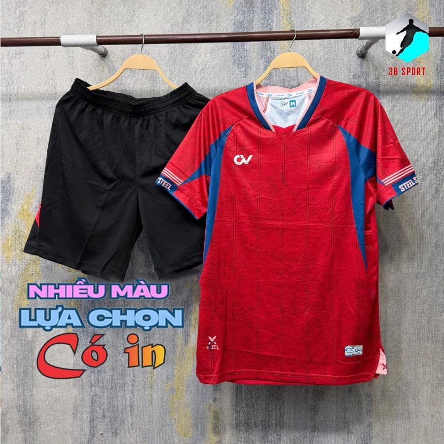 (Nhiều màu - Có in)[Chính hãng CV Sport]Quần Áo Bóng Đá, logo thêu CV Steel Đỏ may ghép vải, vải R-Airmaxx