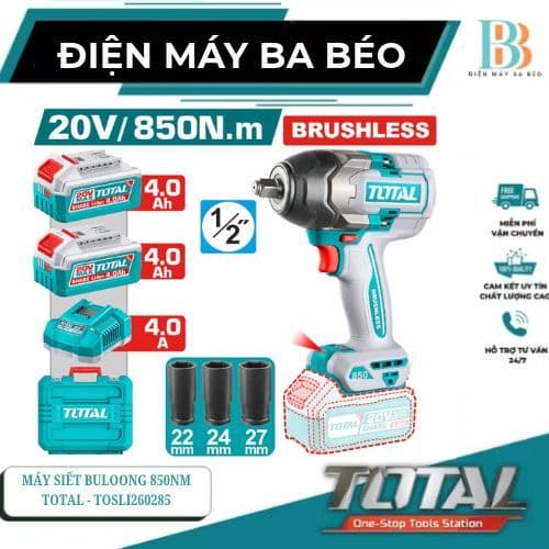 Máy siết bulong dùng pin 20V Total Không Chổi Than - Lực Siết 850N/m TIWLI2085/TOSLI260285
