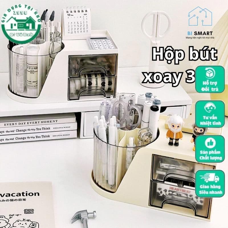 Hộp đựnġ mỹ phẩm, hộp đựnġ bút đa năng có kèm ống đựnġ xoay 360 độ tiện dụng, có nhiều ngăn chứa đồ thông minh VOICON