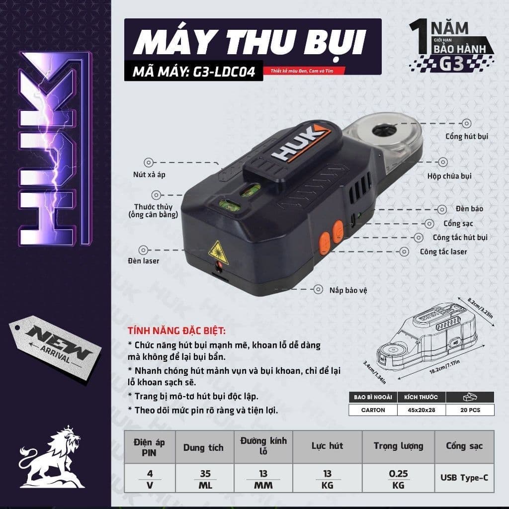 1 Bộ Thu Bụi Khoan 4V HUKAN (Gen3) G3-LDC04 | Hút Bụi Khi Khoan | Lực Hút 13kg | Sạc Type-C