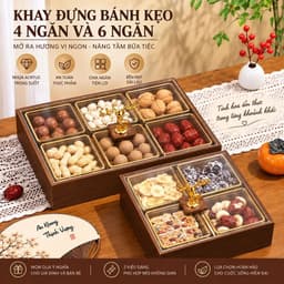 Hộp Đựng Bánh Kẹo Mứt Tết 2027 Sang Trọng, Khay Gỗ Melamine Màu Óc Chó 4 Ngăn 6 Ngăn, Có Hũ Nhựa Kèm Nắp Mica Trong Suốt 3