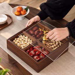 Khay Đựng Bánh Kẹo Mứt Tết 2027 Cao Cấp Chia 4 Ngăn 6 Ngăn Tiện Lợi, Hộp Gỗ Melamine Vân Óc Chó, Nắp Acrylic Chống Bụi 8