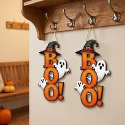 HOUCHU Halloween Ma Mặt Dây, Gỗ 2D Flat Ma Phù Thủy Mũ Móc Treo Cửa, Trang Trí Ngày Lễ Gothic Dày Gỗ Chắc Chắn Có Dây BOO Thư Trang Trí Tường Trang Trí Nhà 4