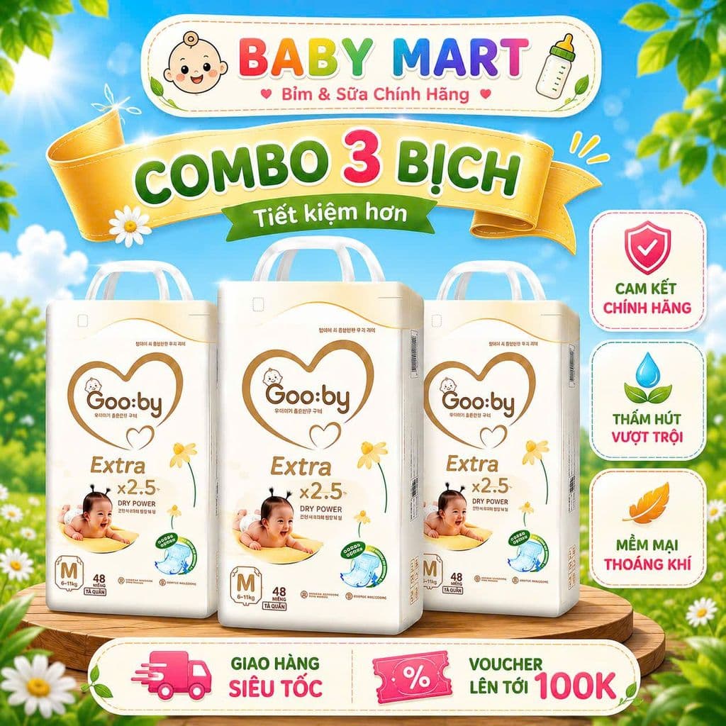 (LINK TRỢ GIÁ)COMBO 3 BỊCH Tã bỉm GOOBY EXTRA bản mới cải tiến cao cấp full size cho bé.
