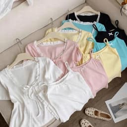 Set áo kiểu nữ gồm áo 2 dây đính nơ và áo khoác tay ngắn viền phối ren chất thun rip lụa mềm mịn, 43 65 2