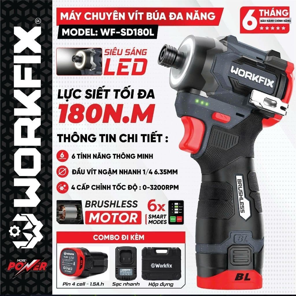 Máy Bắn Vít Búa Pin Workfix WF-SD180L Động Cơ Không Chổi Than 180Nm - Đầu Ngậm Nhanh 6.35mm