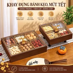 Hộp Đựng Bánh Kẹo Mứt Tết 2027 Sang Trọng, Khay Gỗ Melamine Màu Óc Chó 4 Ngăn 6 Ngăn, Có Hũ Nhựa Kèm Nắp Mica Trong Suốt 1