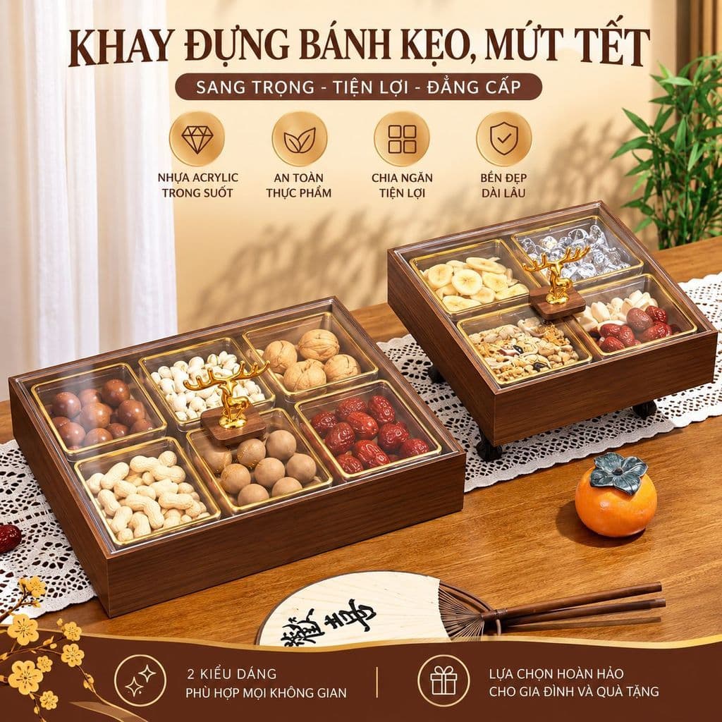 Hộp Đựng Bánh Kẹo Mứt Tết 2027 Sang Trọng, Khay Gỗ Melamine Màu Óc Chó 4 Ngăn 6 Ngăn, Có Hũ Nhựa Kèm Nắp Mica Trong Suốt