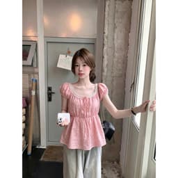 Áo kiểu cổ vuông hoa nhí cổ phối ren thắt nơ kiểu tiểu thư H4GB 5