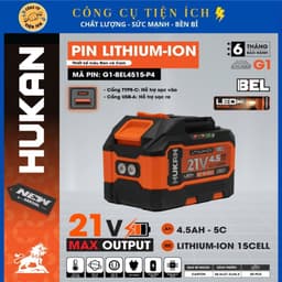 [THẾ HỆ MỚI] Pin 15 Cell HUKAN G1-BEL4515-P4 – 21V 4.5Ah - 5C, Đèn LED Sườn 3 Màu, Chân Pin M21 1