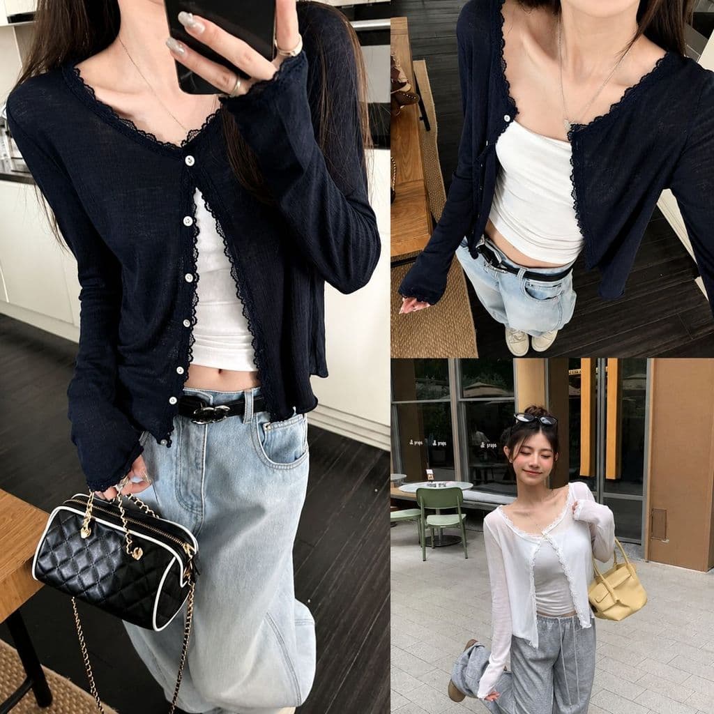 Áo Khoác Cardigan Nữ Mỏng Tay Dài Cài Cúc Viền Ren, Áo Chống Nắng Đi Học Đi Chơi Ulzzang Hàn Quốc Hot Trend