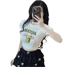 Size free 28-45KG Áo thun nữ CROPTOP co giãn họa tiết - hình chữ MÁT CHA 8