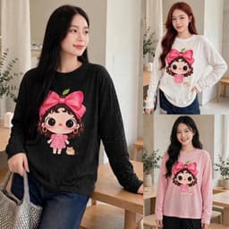 Áo thun giấy cổ tròn dài tay form rộng in hoạ tiết cô gái nơ hồng xinh  TG NTO58 7 1