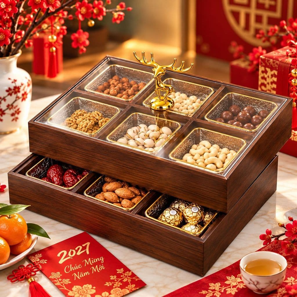Khay Đựng Bánh Kẹo Mứt Tết 4 Ngăn 6 Ngăn Cao Cấp, Hộp Gỗ Màu Óc Chó Nắp Trong Suốt, Tượng Hươu Vàng Sang Trọng