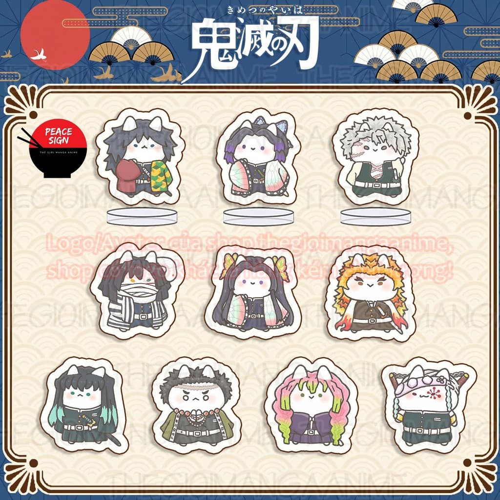 (mua 1 tặng 1) (3CM) Mô hình standee KIMETSU NO YAIBA TRỤ ver NEKO tượng anime chibi mica trưng bày