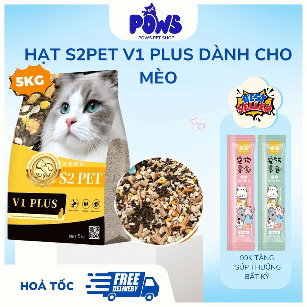 Hạt Cho Mèo S2PET V1, V2, V3  Siêu TOPPING 50% - Kích Thích Thèm Ăn, Phù Hợp Mọi Lứa Tuổi