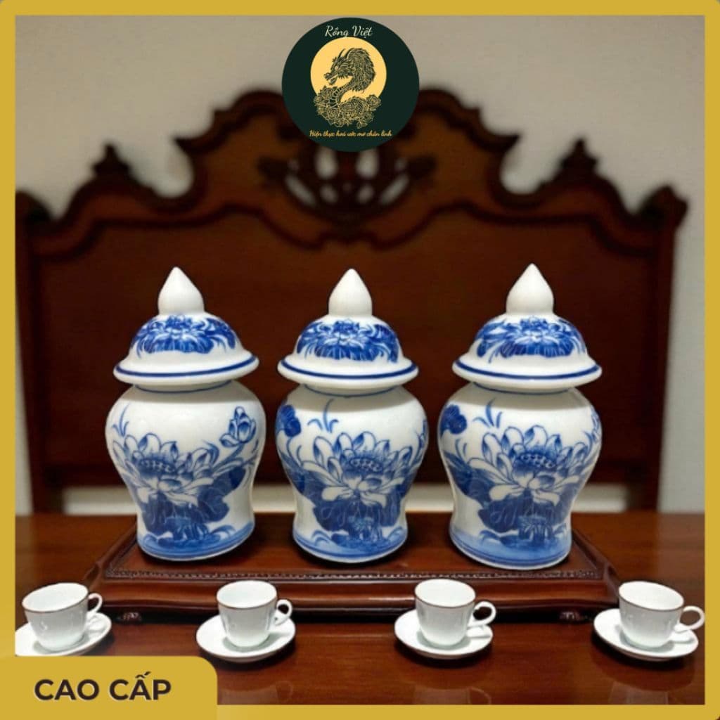 Bộ đồ thờ Rồng Việt cao cấp - Gốm sứ xanh Tài Lộc đẹp cho bàn thờ gia tiên, thần tài