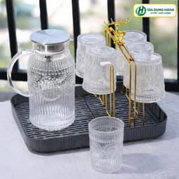 Bộ bình nước thủy tinh chịu nhiệt kèm 6 cốc và khay hứng nước hoạ tiết hoa mặt trời, hàng chịu nhiệt 1