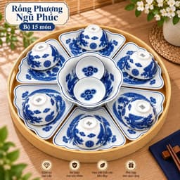 Bộ Bát Đĩa Hoa Mặt Trời Rồng Phượng Ngũ Phúc 7 Món Kèm Khay Tròn 45cm – Gốm Sứ Trắng Xanh, Họa Tiết Sang Trọng 5