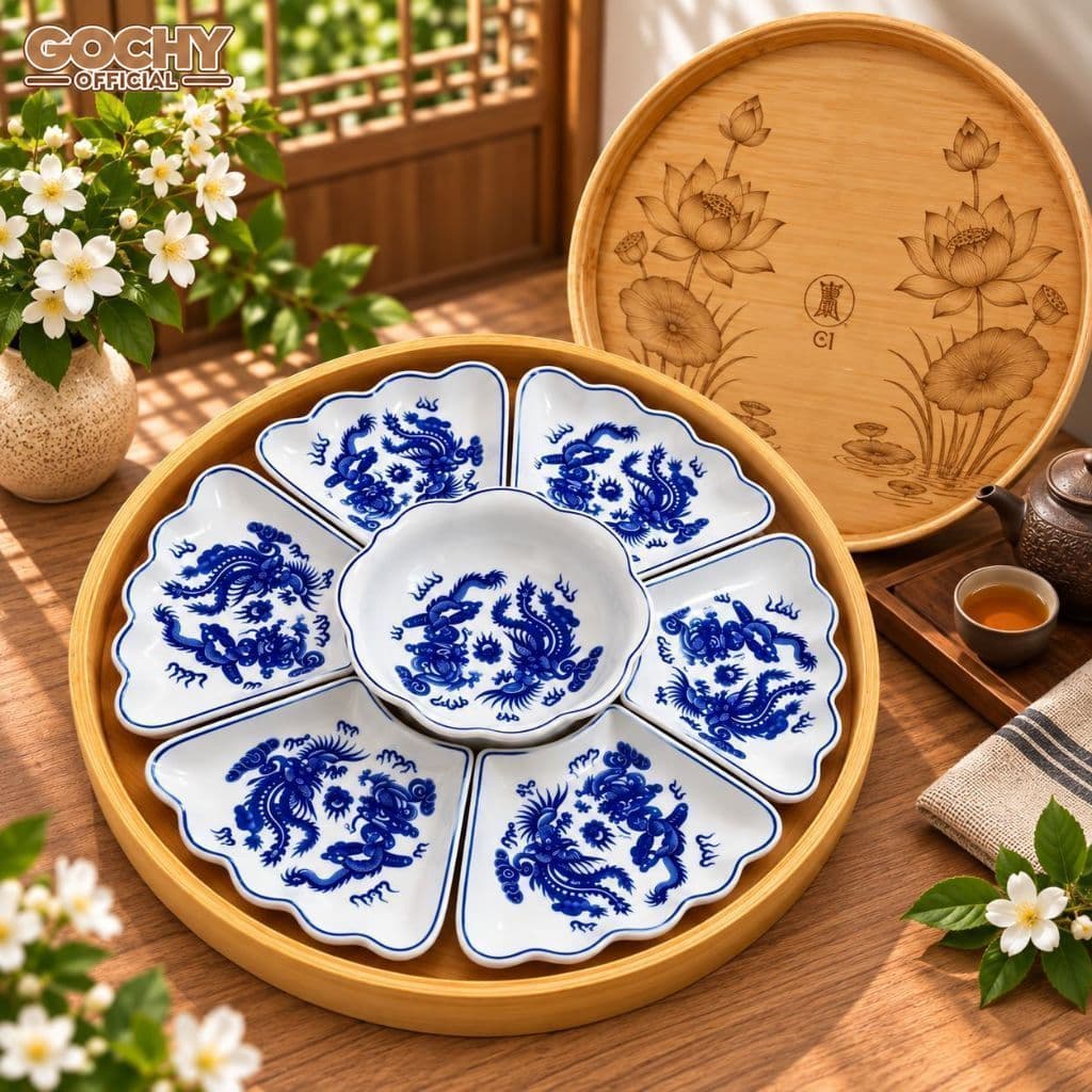 Bộ bát đĩa hoa mặt trời thương hiệu gochy gốm sứ bát tràng, Bộ bát đĩa bày cỗ cúng gia tiên, mâm cơm Tết, bày hoa quả
