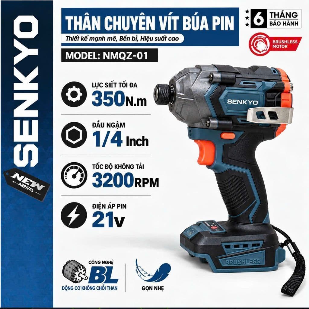 1 Máy chuyên vít có búa SENKYO NMQZ-O1, Lực Siết 350Nm, Tốc độ 3200v/p, 2 cấp chỉnh tốc