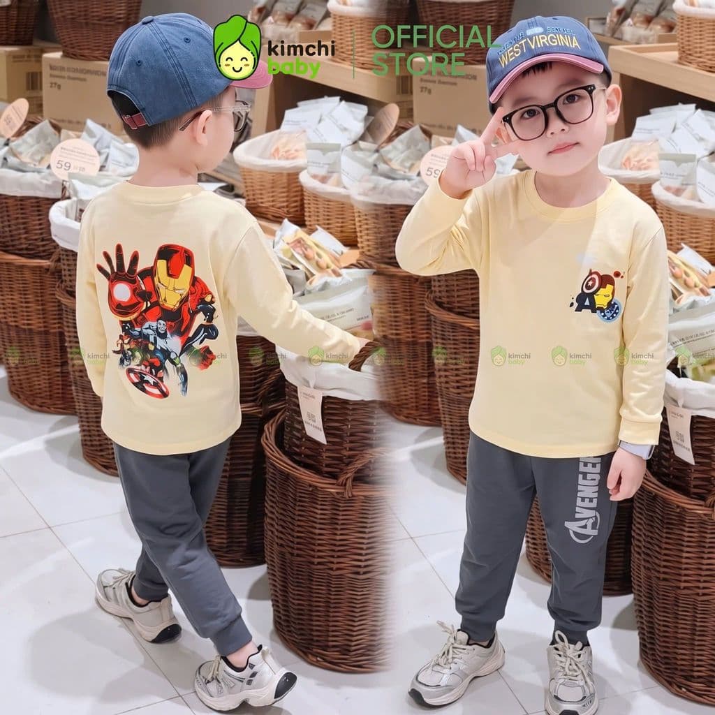 [10-29KG] Bộ Dài Tay Cho Bé Trai KIMCHIBABY Vải Cotton Cao Cấp 190gsm Mềm Mịn Họa Tiết Siêu Nhân, Người Sắt KD601