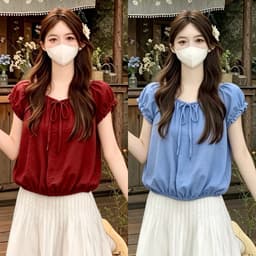 Áo kiểu babydoll cổ tròn thắt nơ tay phồng xinh B527 2