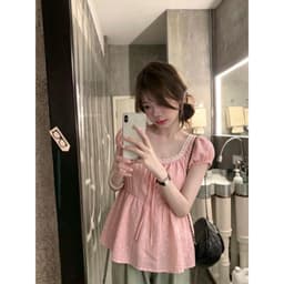 Áo kiểu cổ vuông hoa nhí cổ phối ren thắt nơ kiểu tiểu thư H4GB 7