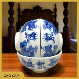 Bộ đồ thờ Rồng Việt cao cấp - Gốm sứ xanh Tài Lộc đẹp cho bàn thờ gia tiên, thần tài 3