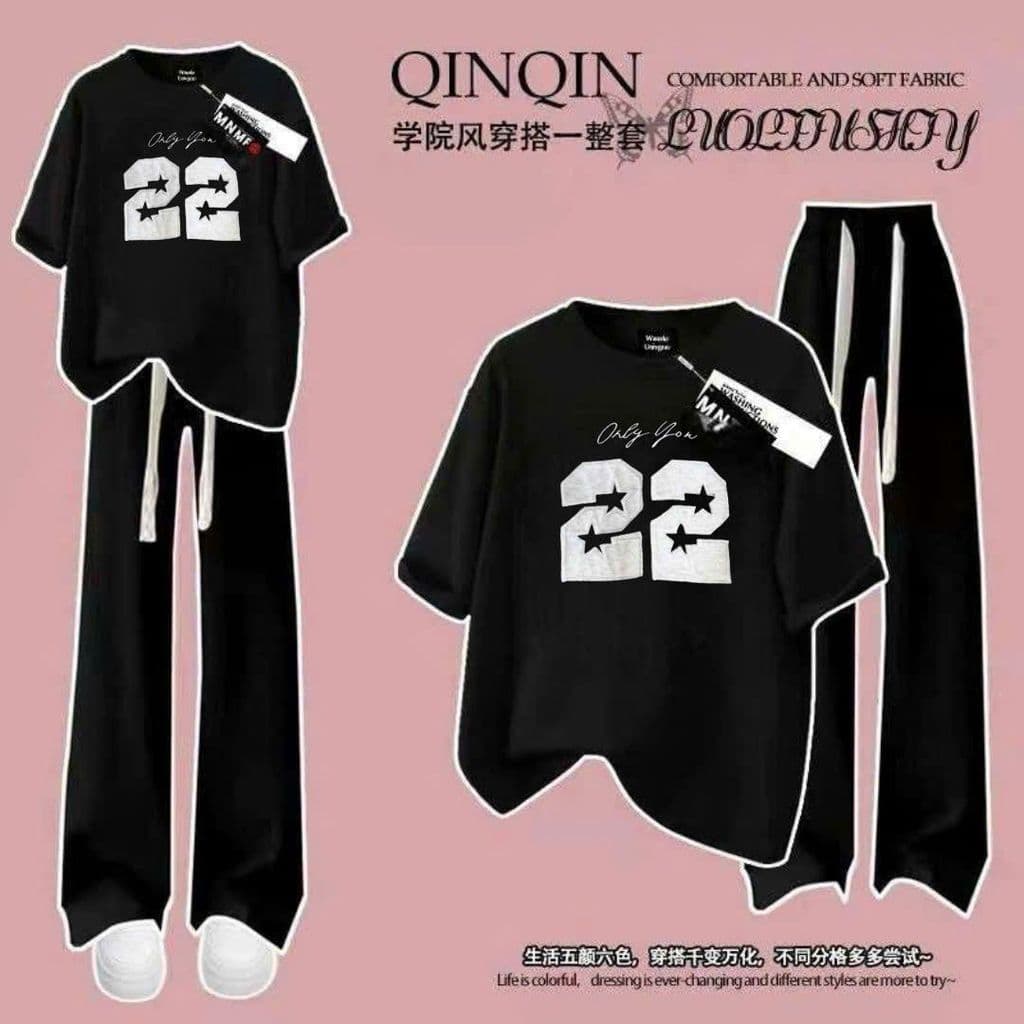 [ MỞ BÁN GIẢM 60% ] sét bộ đồ quần dài dây to đen+ mix áo phông form rộng giả thêu only youer -thoitrang98