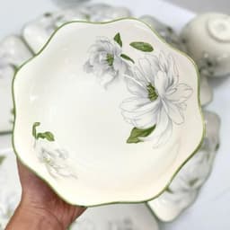 Bộ Bát Đĩa Hoa Mặt Trời 45cm Cao Cấp, Gốm Sứ Trắng Viền Xanh, Họa Tiết Hoa Mẫu Đơn Sang Trọng, Bộ Đồ Ăn Gia Đình 6